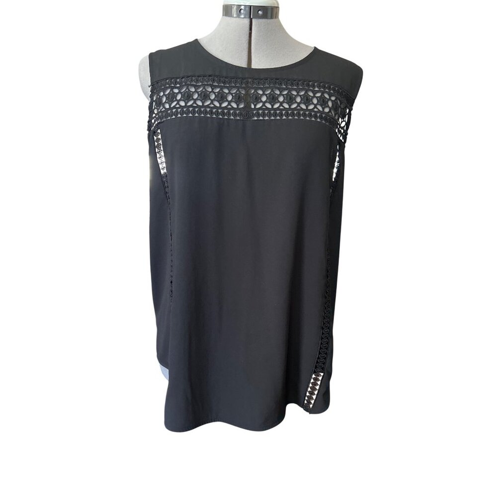 Ann Taylor Black Sleeveless Top With Lace Details & Back Zipper Size L
